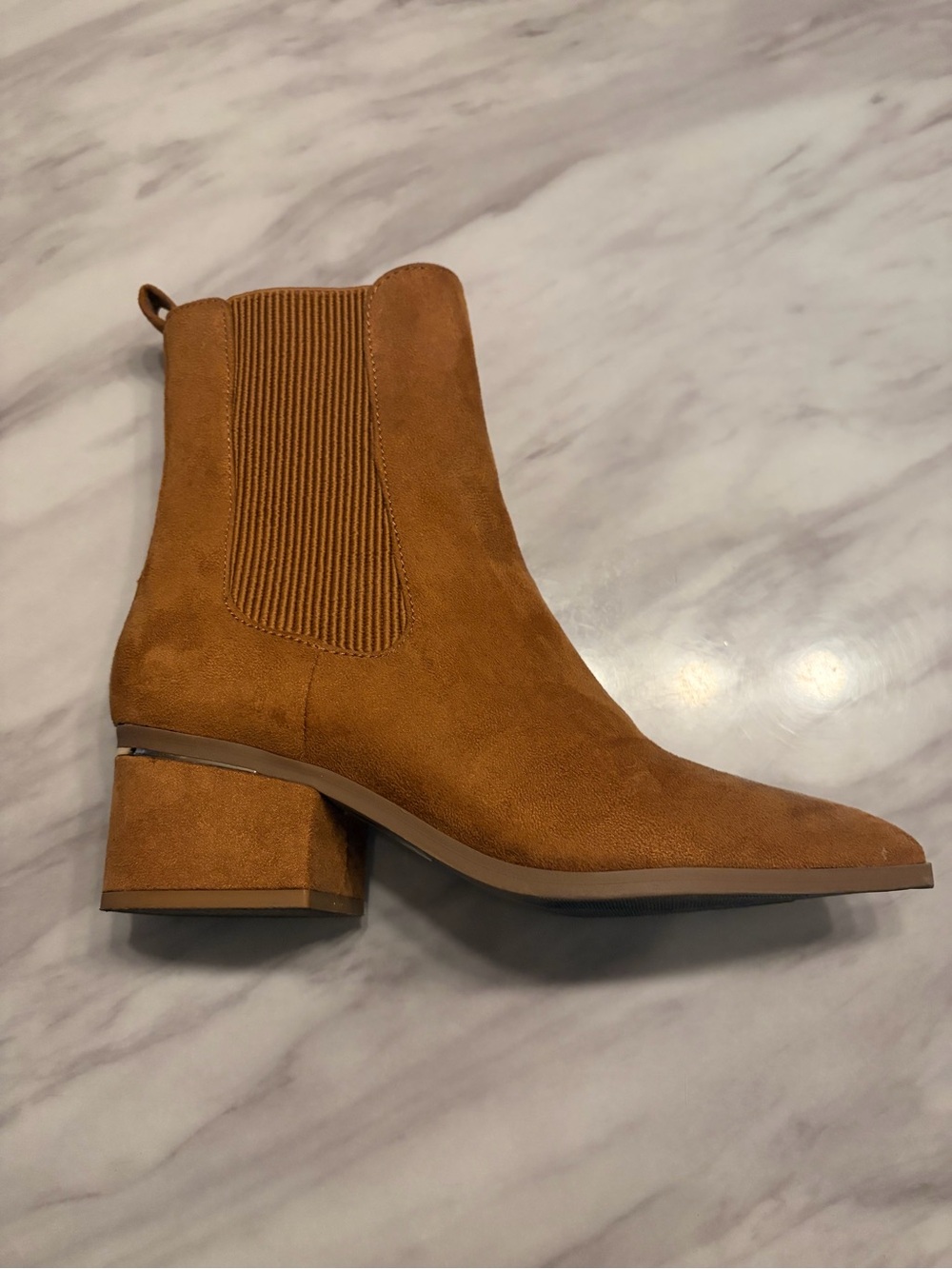 Express Tan Suede Pointed Toe Chelsea Ankle Boot with Block Heel